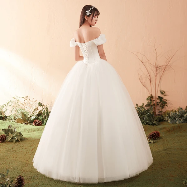 Elegant Ivory Wedding Dresses 2018 Ball Gown Bow Off-The-Shoulder Backless Short Sleeve Floor-Length / Long Wedding