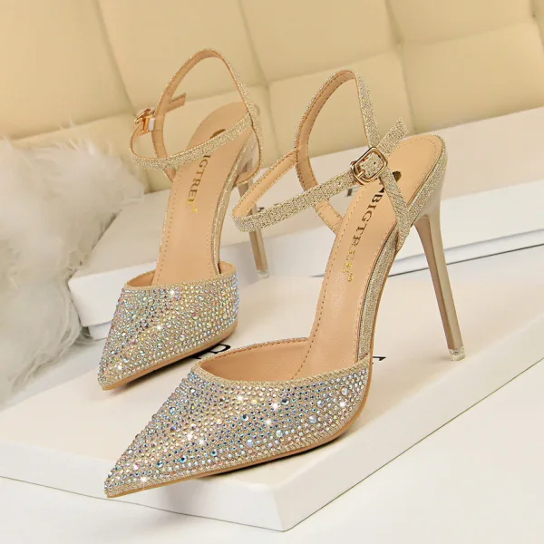 Glitzernden Rosa Abend Sandalen Damen Strass 2020 Knöchelriemen 10 cm Stilettos Spitzschuh Sandaletten