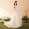 Modest / Simple White Wedding Dresses 2018 A-Line / Princess Lace V-Neck Spaghetti Straps Backless Court Train Sleeveless Wedding