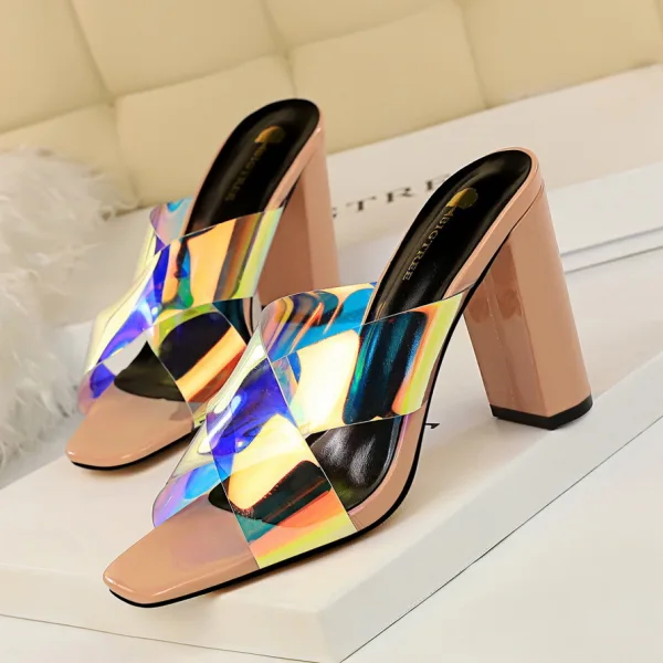 Modest / Simple Summer Burgundy Street Wear Laser Womens Sandals 2020 9 cm Thick Heels Open / Peep Toe Sandals