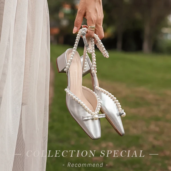 Élégant Ivoire Perle Noeud Chaussure De Mariée 2020 3 cm Talons Épais Talon Bas À Bout Pointu Mariage Sandales