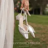 Elegantes Marfil Perla Bowknot Zapatos de novia 2020 3 cm Talones Gruesos Low Heel Punta Estrecha Boda Sandalias