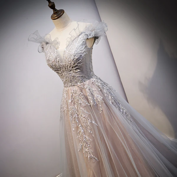 Chic / Beautiful Grey Evening Dresses Prom Dresses 2021 A-Line / Princess Off-The-Shoulder Beading Sequins Lace Flower Sleeveless Backless Sweep Train Evening Party Prom Formal Dresses