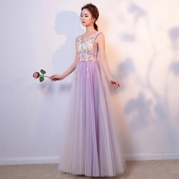 Elegant Lavender Prom Dresses 2018 A-Line / Princess Appliques Beading Crystal Pearl V-Neck Backless Sleeveless Floor-Length / Long Formal Dresses