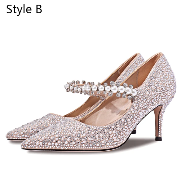 Charming Nude Pearl Rhinestone Wedding Shoes 2020 7 cm Stiletto Heels Pointed Toe Wedding Pumps