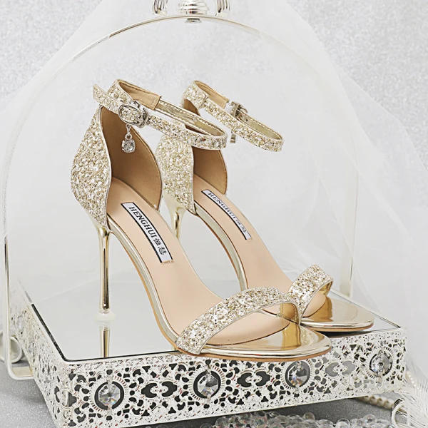 Sexy Argenté Soirée Paillettes Sandales Femme 2020 Bride Cheville 10 cm Talons Aiguilles Peep Toes / Bout Ouvert Sandales