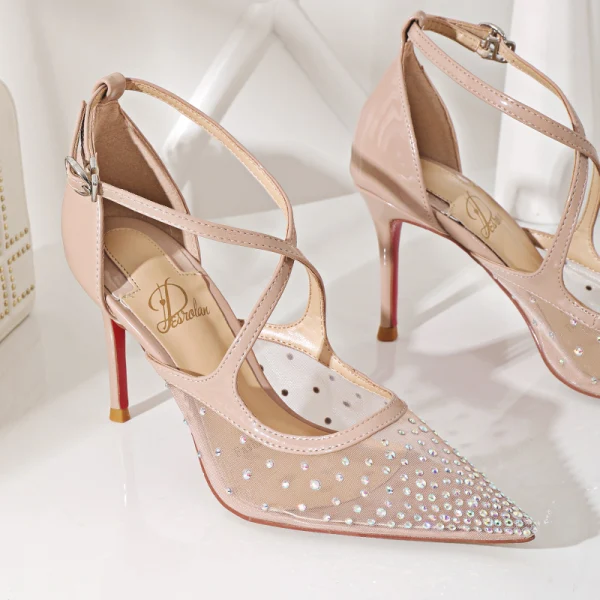 Chic / Beautiful Nude Casual Rhinestone Womens Sandals 2020 X-Strap 8 cm Stiletto Heels Pointed Toe Sandals