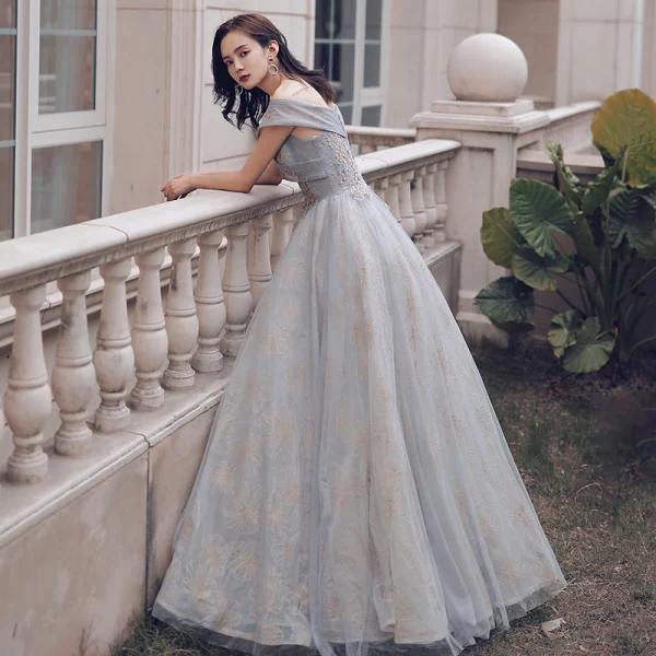 Fashion Grey Gold Prom Dresses 2021 A-Line Princess Off-The-Shoulder Sequins Lace Flower
