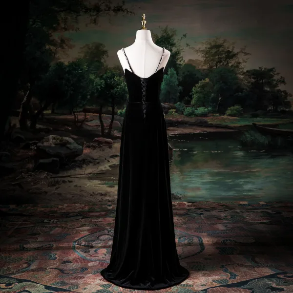 Sexy Noire Faux Diamant Noeud Fendue devant Robe De Soirée 2025 Princesse Bretelles Spaghetti Sans Manches Dos Nu Longue Soirée Robe De Ceremonie