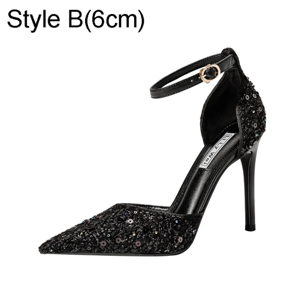 Charmant Schwarz Abend Perlenstickerei Pailletten Sandalen Damen 2021 Leder Knöchelriemen 10 cm Stilettos Spitzschuh Pumps Hochhackige