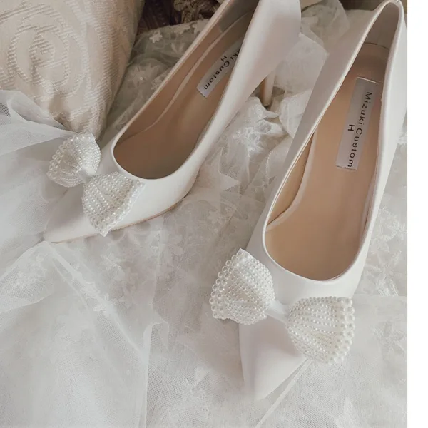 Elegant Ivory Wedding Shoes 2020 Pearl Bow 10 cm Stiletto Heels Pointed Toe Wedding Pumps