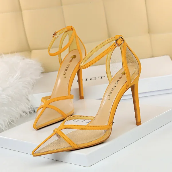 Simple Noire Vêtement de rue Transparentes Sandales Femme 2020 Bride Cheville 10 cm Talons Aiguilles À Bout Pointu Sandales