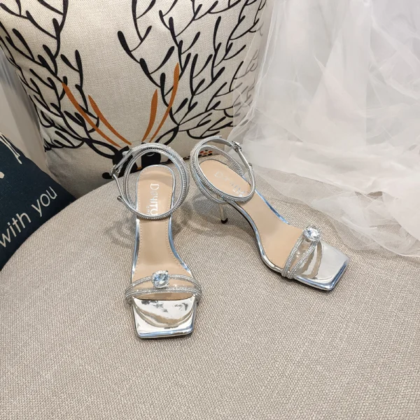 Sexy Summer Silver Cocktail Party Womens Sandals 2020 Rhinestone Ankle Strap 8 cm Stiletto Heels Open / Peep Toe Sandals