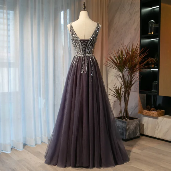 Chic / Beautiful Purple Prom Dresses 2021 A-Line / Princess V-Neck Beading Sequins Sleeveless Backless Floor-Length / Long Prom Formal Dresses