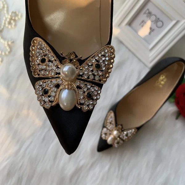 Elegant Black Prom Leather Pumps 2020 Pearl Rhinestone Butterfly 12 cm Stiletto Heels Pointed Toe Pumps