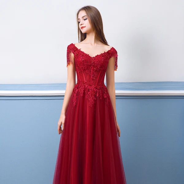 Chic / Beautiful Burgundy Evening Dresses 2018 A-Line / Princess Beading Crystal Tassel Lace Appliques V-Neck Backless Short Sleeve Floor-Length / Long Formal Dresses