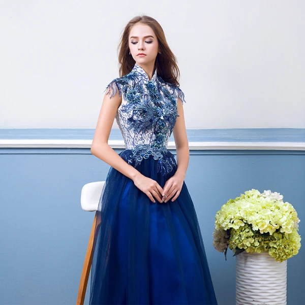 Vintage / Retro Royal Blue Evening Dresses 2018 A-Line / Princess Lace Flower Pearl Sequins High Neck Sleeveless Floor-Length / Long Formal Dresses