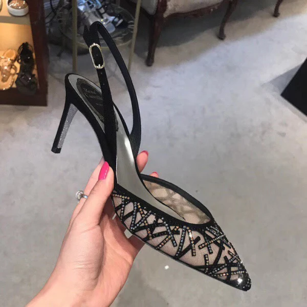 Uroczy Czarne Wieczorowe Rhinestone Slingback Sandały Damskie 2020 7 cm Szpilki Szpiczaste Sandały