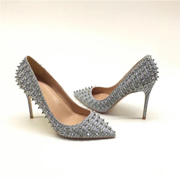 Charmant Argenté Soirée Paillettes Rivet Escarpins 2020 12 cm Talons Aiguilles À Bout Pointu Escarpins