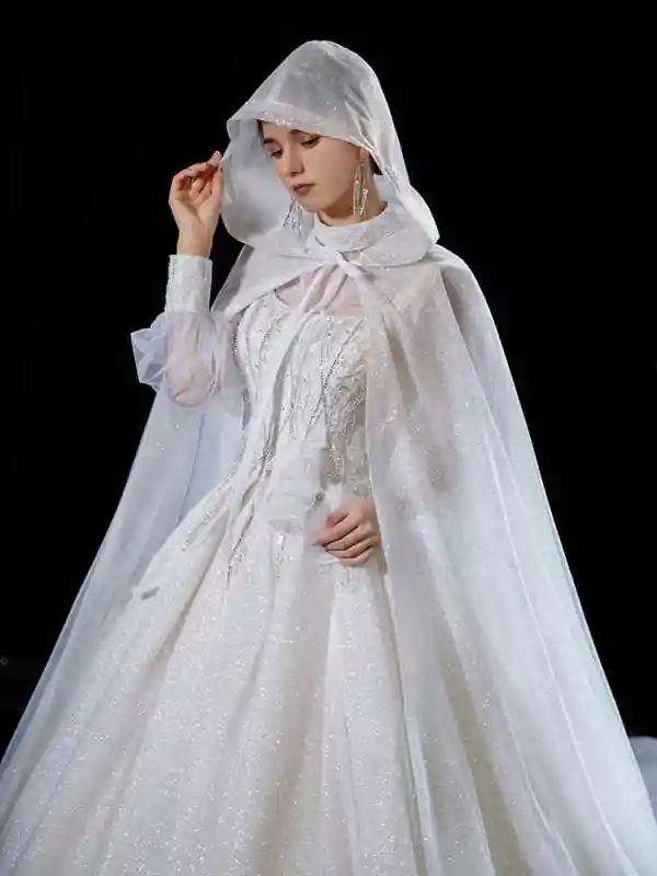Luxury / Gorgeous Ivory With Cloak Wedding Dresses 2021 Ball Gown High Neck Beading Rhinestone Sequins Bow Long Sleeve Royal Train Wedding