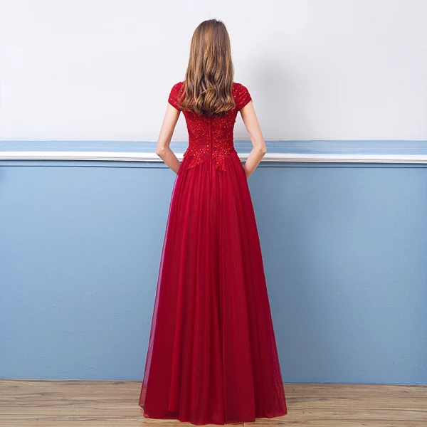 Chic / Beautiful Burgundy Evening Dresses 2018 A-Line / Princess Beading Lace Sequins Crystal High Neck Floor-Length / Long Short Sleeve Formal Dresses