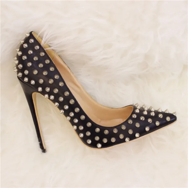 Amazing / Unique Black Rave Club Rivet Pumps 2020 Leather 10 cm Stiletto Heels Pointed Toe Pumps