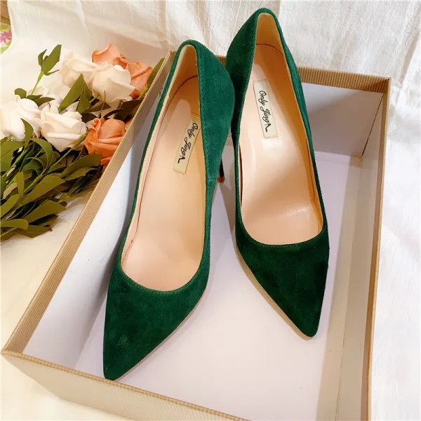 Schöne Wildleder Dunkelgrün Ball Pumps 2020 Leder 10 cm Stilettos Spitzschuh Pumps