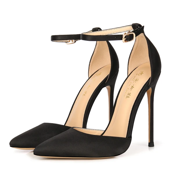 Schöne Schwarz Büro OL Satin Sandalen Damen 2020 Knöchelriemen 12 cm Stilettos Spitzschuh Sandaletten