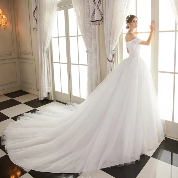 Elegant Ivory Wedding Dresses 2018 Ball Gown Lace Flower Sequins Off-The-Shoulder Backless Sleeveless Cathedral Train Wedding