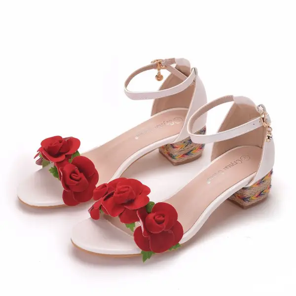 Schöne Weiß Freizeit Sandalen Damen 2020 Knöchelriemen Rot Blumen 4 cm Thick Heels Low Heel Peeptoes Sandaletten