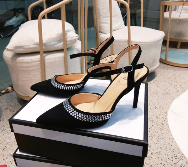 Chic / Beautiful Black Street Wear Womens Sandals 2020 Ankle Strap Rhinestone 9 cm Stiletto Heels Pointed Toe Sandals