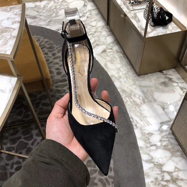 Fashion Nude Pageant Womens Sandals 2020 Ankle Strap Rhinestone 10 cm Stiletto Heels Pointed Toe Sandals