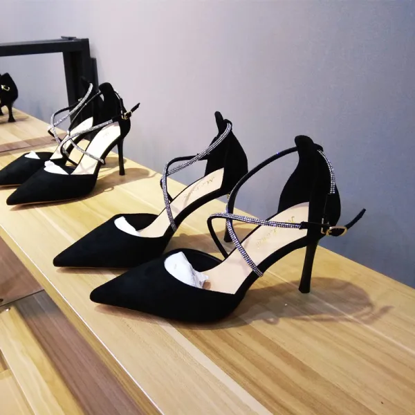 Fashion Black Evening Party Womens Sandals Rhinestone X-Strap 2020 8 cm Stiletto Heels Pointed Toe Sandals