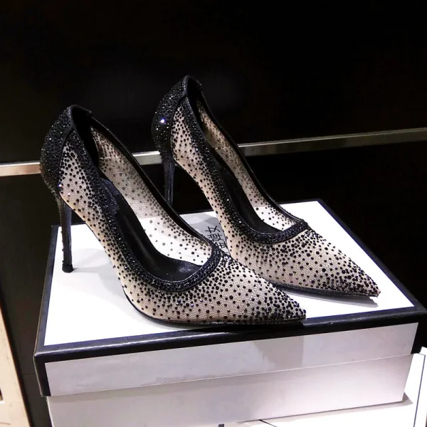 Charming Silver Cocktail Party Rhinestone Pumps 2020 Leather 10 cm Stiletto Heels Pointed Toe Pumps