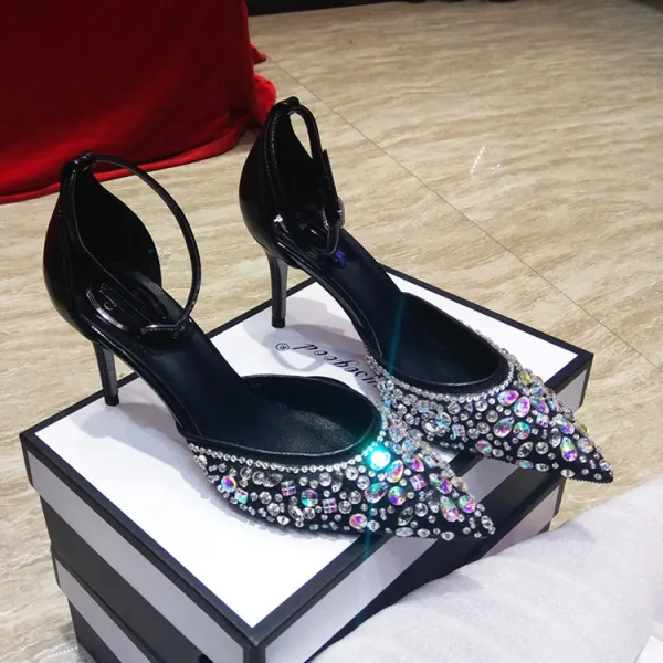Schöne Schwarz Cocktail Strass Sandalen Damen 2020 Leder Knöchelriemen 9 cm Stilettos Spitzschuh Sandaletten
