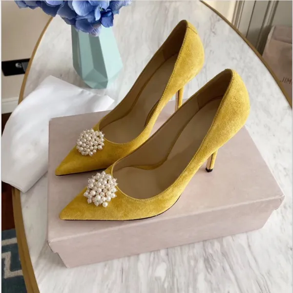 Eleganta Mocka Pärla Hall Pumps 2020 10 cm Stilettklackar Spetsiga Pumps