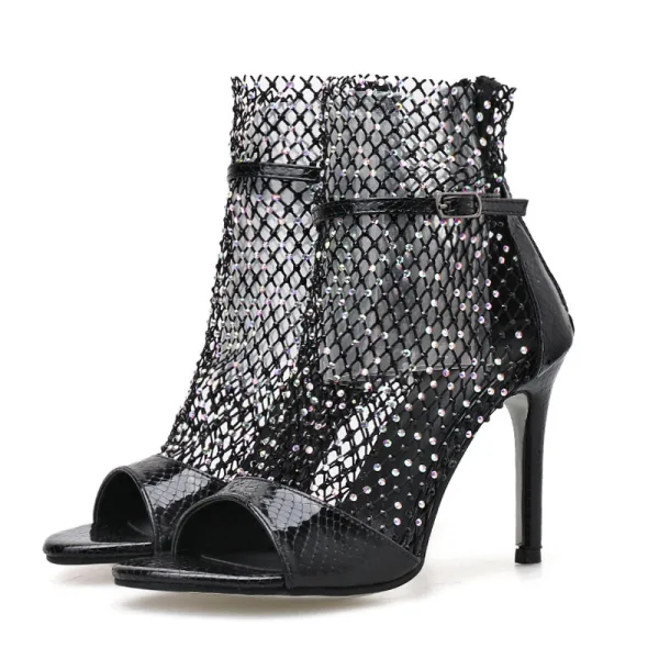 Moda Srebrny Karnawał Przebili Sandały Damskie 2020 10 cm Szpilki Peep Toe Sandały