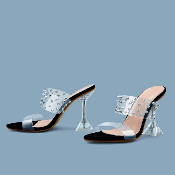 Charmant Schwarz Strassenmode Niet Sandalen Damen 2020 10 cm Stilettos Peeptoes Sandaletten