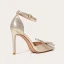 Mode Champagne Soirée Sandales Femme 2021 Cuir Faux Diamant Noeud Bride Cheville 10 cm Talons Aiguilles À Bout Pointu Sandales Talons Hauts