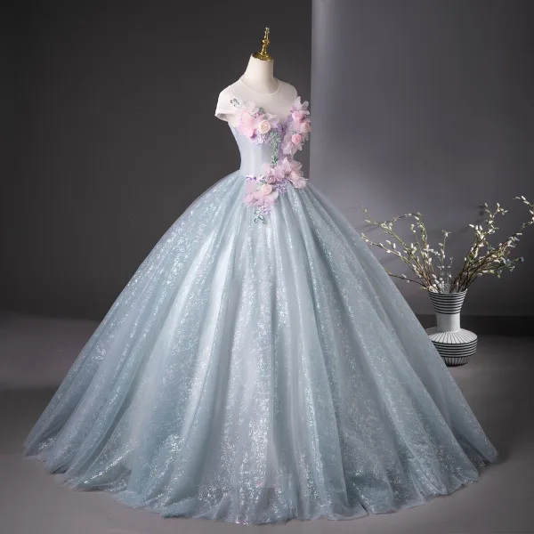 Elegant Sky Blue Sequins Appliques Prom Dresses 2025 Ball Gown Scoop Neck Short Sleeve Floor-Length / Long Prom Formal Dresses