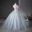 Elegant Sky Blue Sequins Appliques Prom Dresses 2025 Ball Gown Scoop Neck Short Sleeve Floor-Length / Long Prom Formal Dresses