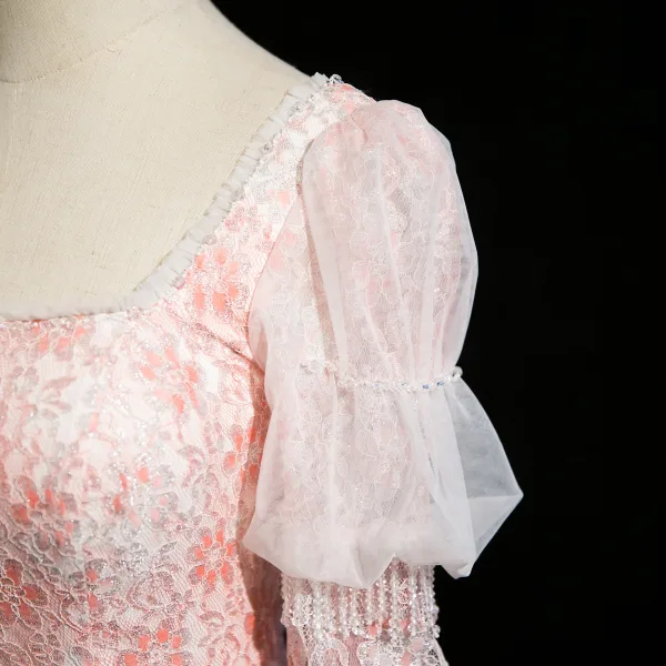 Chic / Beautiful Blushing Pink Beading Lace Flower Split Front Prom Dresses 2025 Trumpet / Mermaid Square Neckline Long Sleeve Backless Sweep Train Formal Dresses
