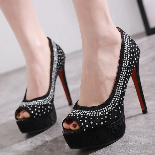 Mode Svarta Fest Rhinestone Damskor 2020 12 cm Stilettklackar Peep Toe Pumps