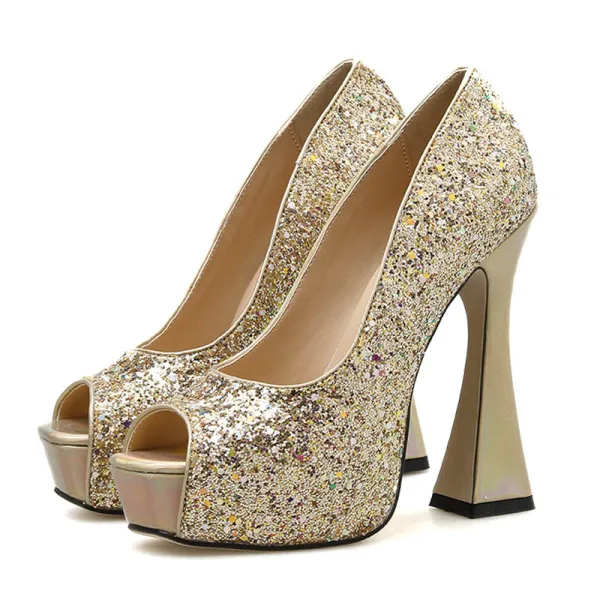 Scintillantes Argenté Club de carnaval Paillettes Sandales Femme 2020 13 cm Talons Épais Peep Toes / Bout Ouvert Sandales