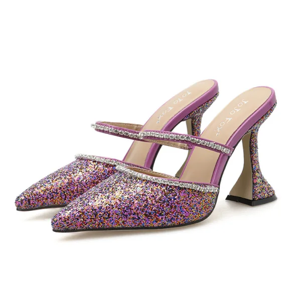 Sparkly Silver Street Wear Rhinestone Sequins Womens Sandals 2020 9 cm Stiletto Heels Pointed Toe Sandals