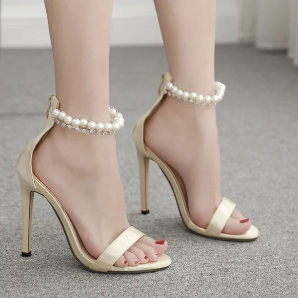Chic / Beautiful Beige Outdoor / Garden Womens Sandals 2020 Pearl Ankle Strap 11 cm Stiletto Heels Open / Peep Toe Sandals