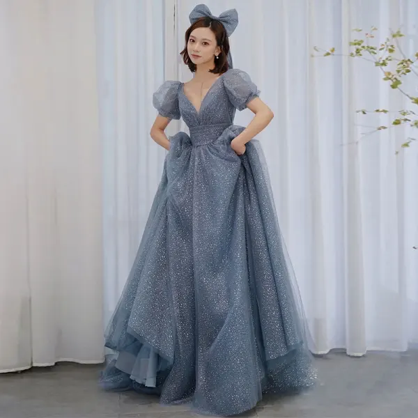 Lovely Vintage / Retro Pool Blue Prom Dresses 2021 A-Line / Princess Deep V-Neck Sequins Short Sleeve Floor-Length / Long Prom Formal Dresses
