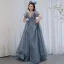 Lovely Vintage / Retro Pool Blue Prom Dresses 2021 A-Line / Princess Deep V-Neck Sequins Short Sleeve Floor-Length / Long Prom Formal Dresses