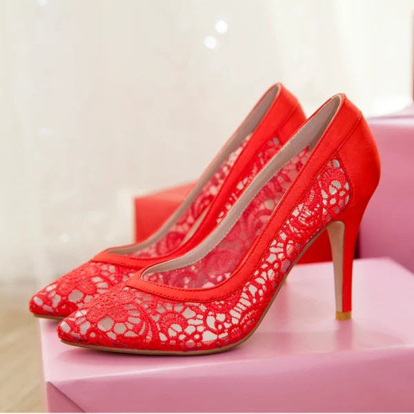 Mode Noire Promo En Dentelle Escarpins 2020 Satin 8 cm Talons Aiguilles À Bout Pointu Escarpins
