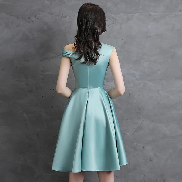 Fashion Mint Green Homecoming Satin Graduation Dresses 2021 A-Line / Princess Pearl One-Shoulder Sleeveless Knee-Length Formal Dresses